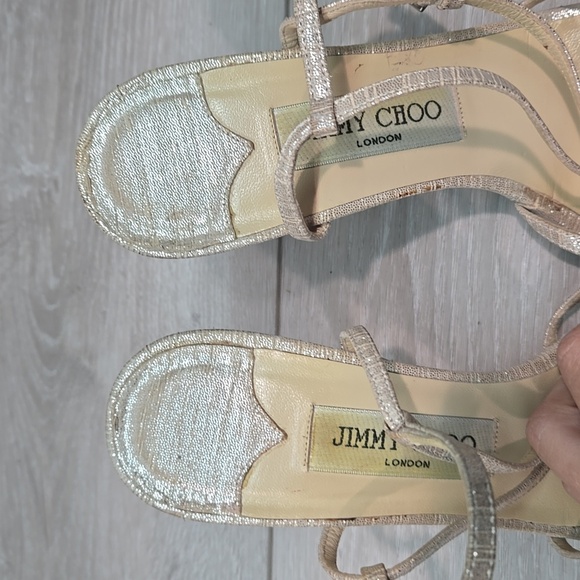 Jimmy Choo WomenElegant Strappy Heels in Shimmering Gold Sandals Shoes 37.5/7.5 - Picture 5 of 14